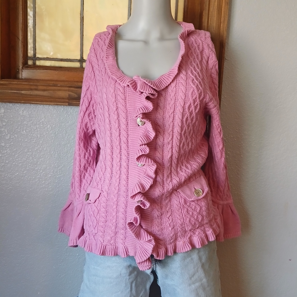 J. Jill Pink Ruffled Cable-Knit Cardigan